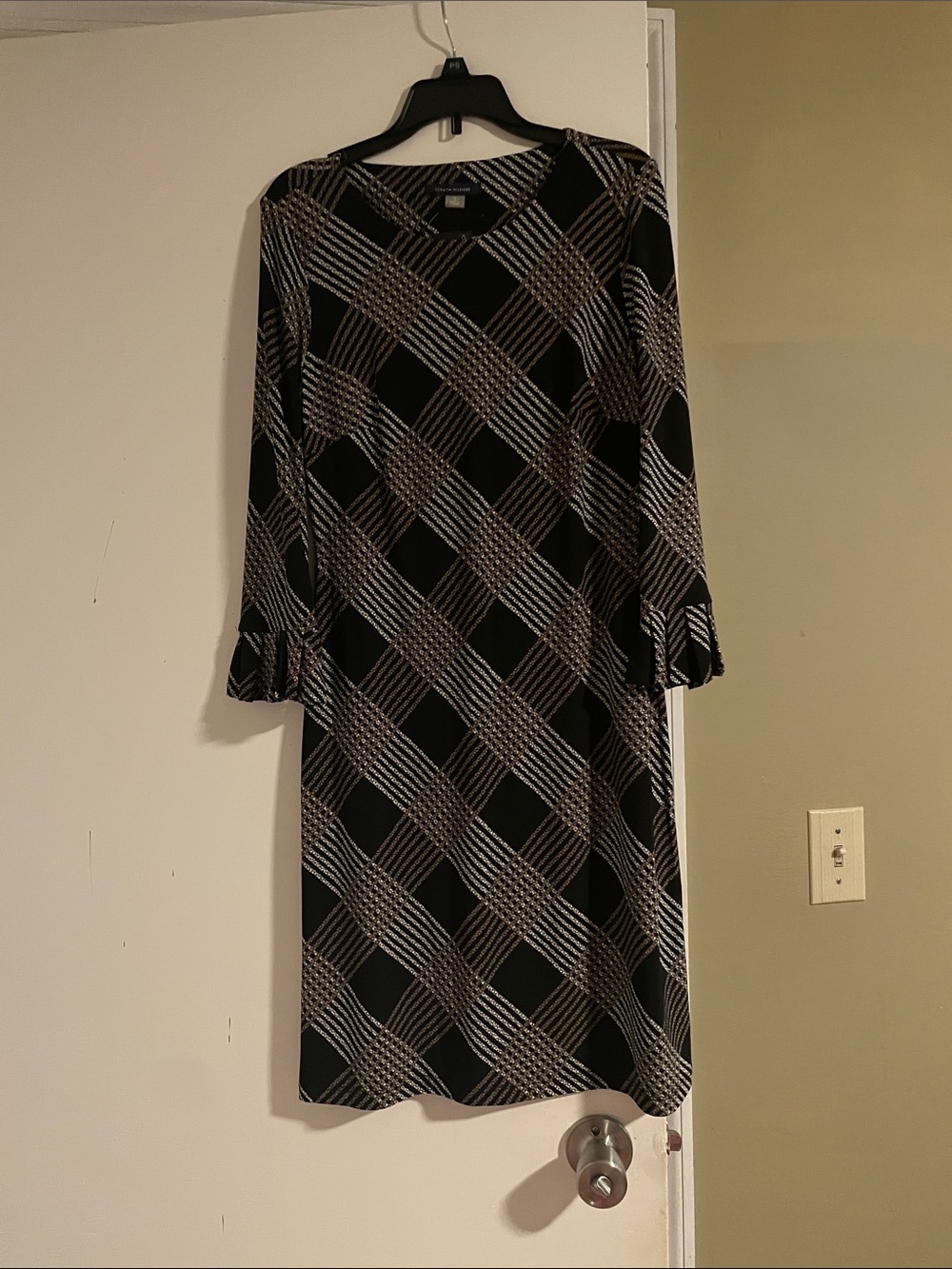 Tommy Hilfiger Black Plaid Midi Dress with Tan and Cream Accents